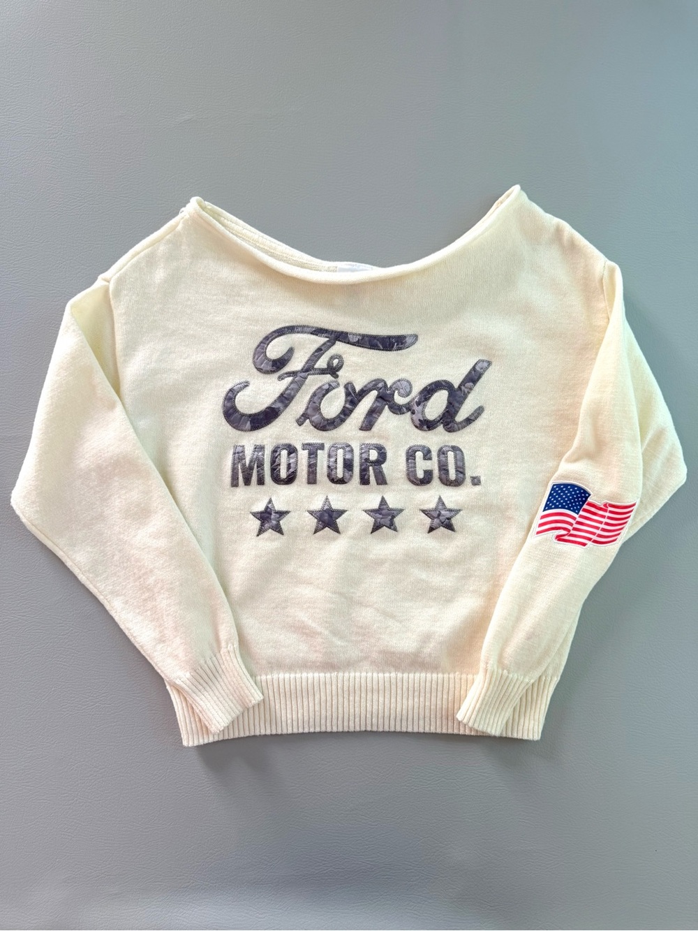 Ford Motor Company Oversized Off the Shoulder Sweater XXS Cream Appliqué Logos